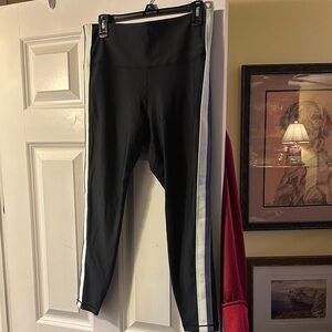 Athleta ladies Black Leggings with White grey and green Stripes